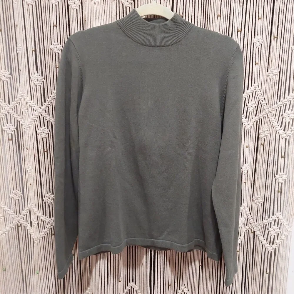 Orvis Cotton Cashmere Olive Green Knit Sweater Mock Neck Pullover